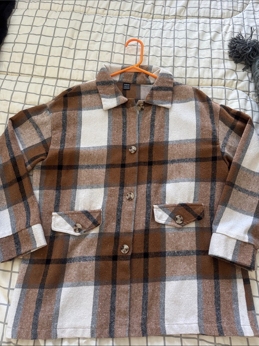 SHEIN Brown & White Plaid Utility Jacket